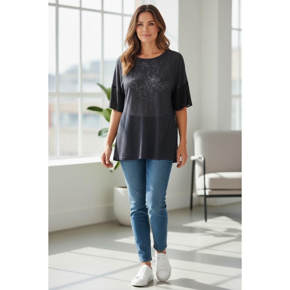 Collection by Bobeau Sheer Sleeve Tunic Top Charcoal Gray Lightweight Women's XS